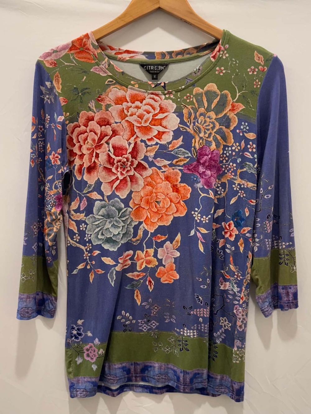 Citron Santa Monica Floral Rayon Long-Sleeve Women’s Top in Blue & Green M